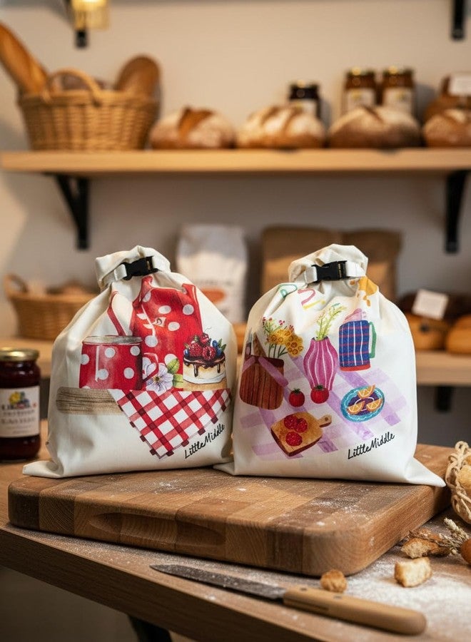 LittleMiddle 2 XL Beeswax Bread Bags for Homemade Bread, Sourdough - Reusable, Plastic-Free, Keeps Fresh, Washable, Compostable (Beige with Picnic) - Image 3