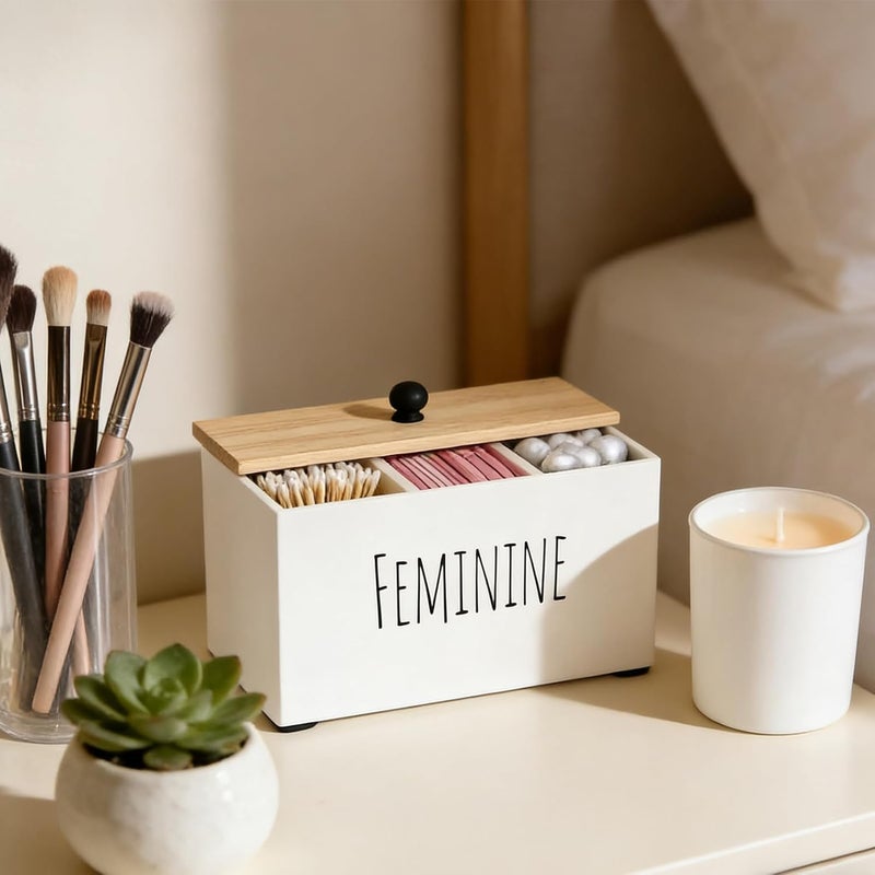 Tampon Holder - Wooden Produce Organizer with Lid, Female Vanity Pad Storage for Women, Girls and Teens, Stylish Countertop Organizer - Image 3