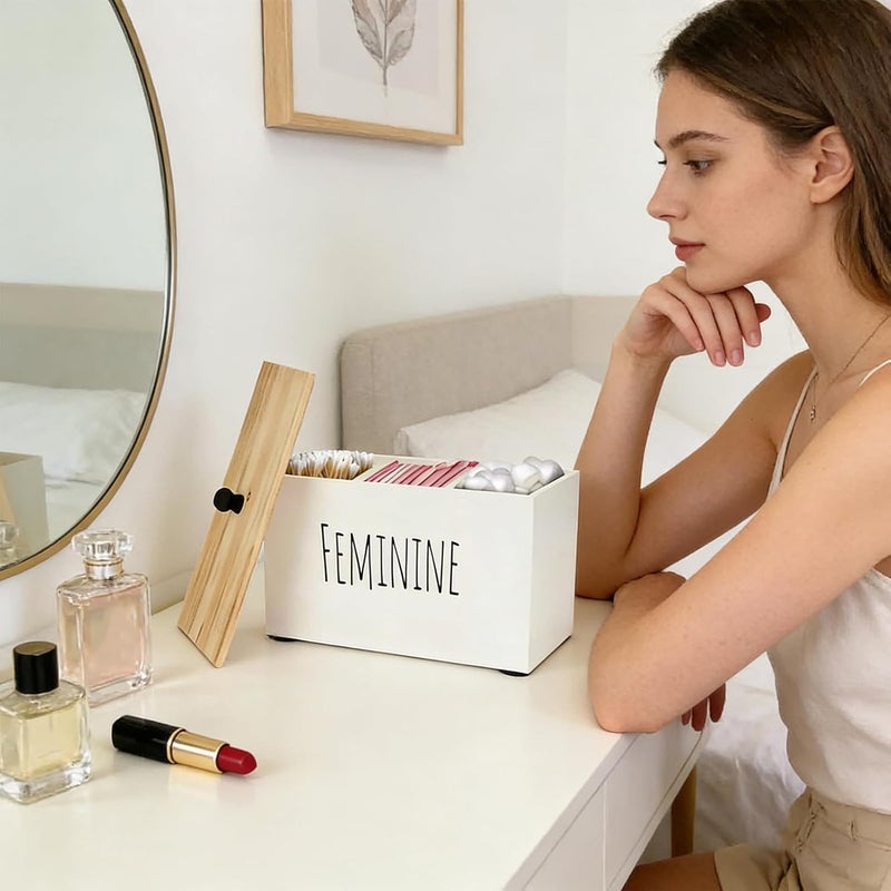 Tampon Holder - Wooden Produce Organizer with Lid, Female Vanity Pad Storage for Women, Girls and Teens, Stylish Countertop Organizer - Image 2