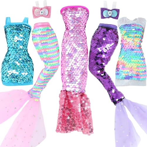 BLIJOLA Doll Clothes 5 Sets Sequins Dresses for 115 inch Girl Doll Including 2 Mermaid Clothes Swimwear 1 Evening Dress 2 Casual Dresses Party Outfits Fashion ShowSequin A - Image 1