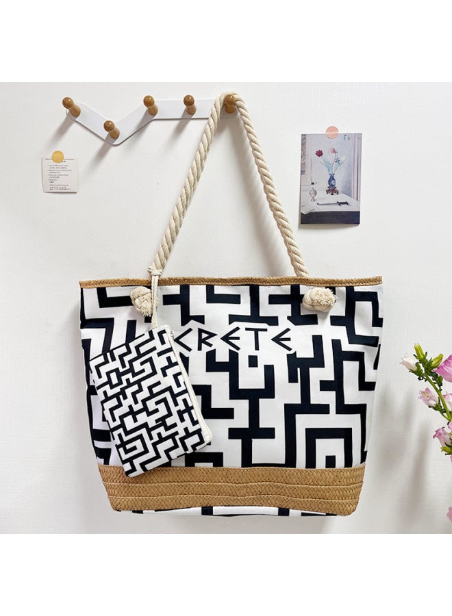Handcrafted Large Capacity Durable Casual Women's Tote Bag City Chic Baskets Weaving Element Shoulder Bag For Daily Use-Color:Style 3 (double-sided)-Dimensions:50*36*14 - Image 1