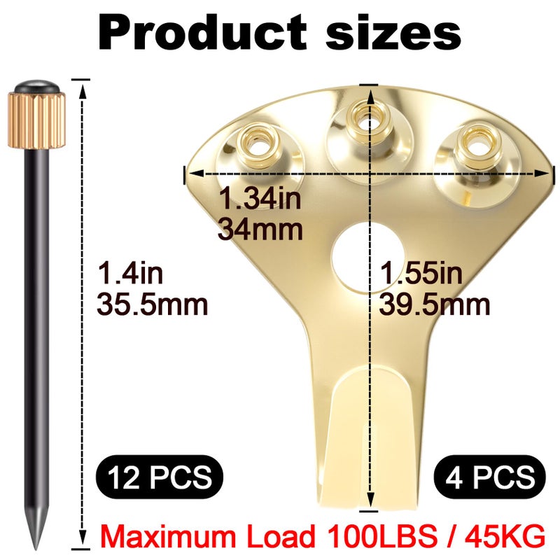 ANCIRS 4 Pack 100 lbs Picture Frame Hangers Hooks with 12 Pcs Nails, Picture Hanging Hooks, Heavy Duty Plaster Wall Pro Photo/Heavy Mirror Hanging Kit - Image 2