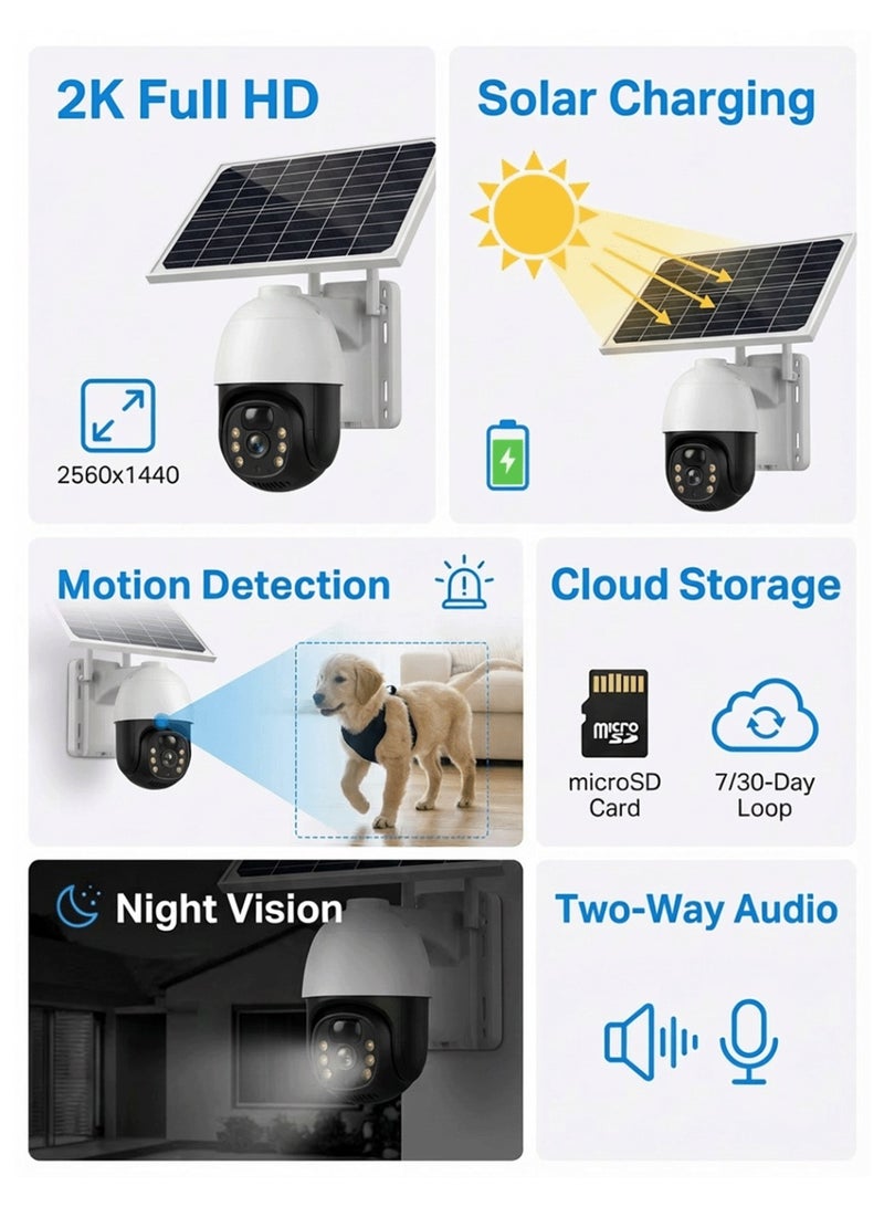 كاميرا أمنية خارجية تعمل بالطاقة الشمسية  كاميرا لاسلكية للمنزل  ألوان كاملة، رؤية ليلية، كاميرا عالية الدقة 5 ميجابكسل كاميرا CCTV مزودة بواي فاي رؤية ليلية IP66 مقاومة للغبار ومقاومة للماء دعم الاتصال الثنائي اكتشاف الأشخاص والمركبات بالذكاء الاصطناعي فتحة لبطاقة Micro SD (حتى 256 جيجابايت) - Image 2