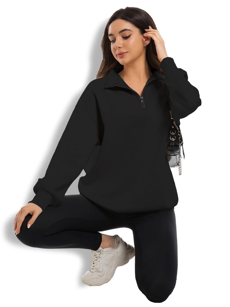 XFIFM Womens Oversized Sweatshirts Fall Fashion Hoodies Half Zip Pullover Long Sleeve Shirts Clothes Black - Image 5