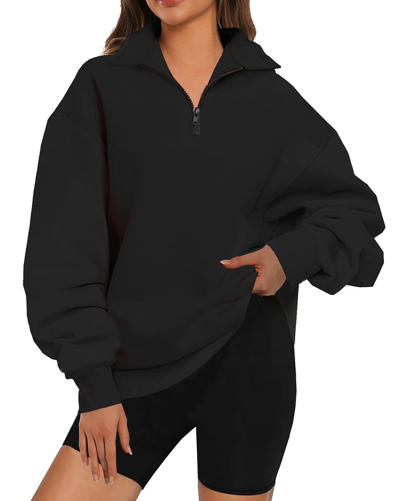 XFIFM Womens Oversized Sweatshirts Fall Fashion Hoodies Half Zip Pullover Long Sleeve Shirts Clothes Black - Image 1