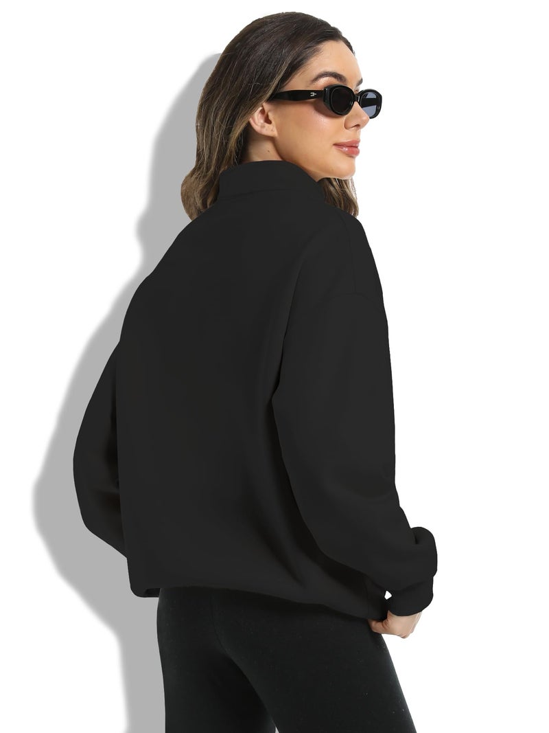 XFIFM Womens Oversized Sweatshirts Fall Fashion Hoodies Half Zip Pullover Long Sleeve Shirts Clothes Black - Image 2