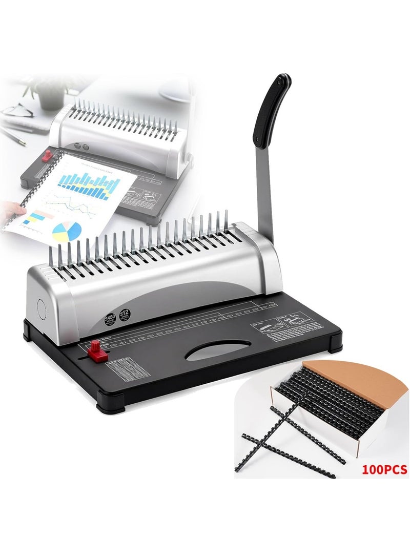 والالا آلة تجليد مشطية، ٢١ فتحة، سعة ٤٥٠ ورقة، تثقيب حتى ١٢ ورقة، آلات تجليد مشطية لورق بحجم A5/A4 مع ١٠٠ قطعة من أغلفة التجليد بقياس ١/٤ بوصة - Image 1