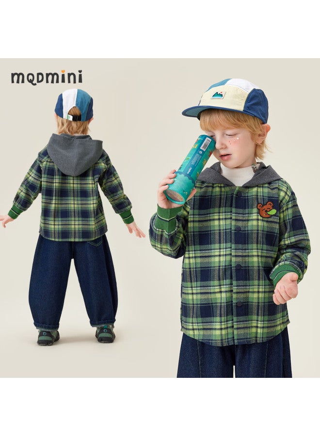 Mqdmini Kids Hooded Cotton Shirt Boys Jacket Blue Green Plaid