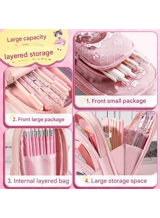 تيمسون حافظة أقلام تيمسون كبيرة السعة - حافظة أقلام قائمة بثلاثة أقسام، حقيبة تنظيم أدوات مكتبية متعددة الوظائف بتصميم كرتوني لطيف للمكتب والجامعة والمدرسة (CK161) (بنات - وردي) - Image 3