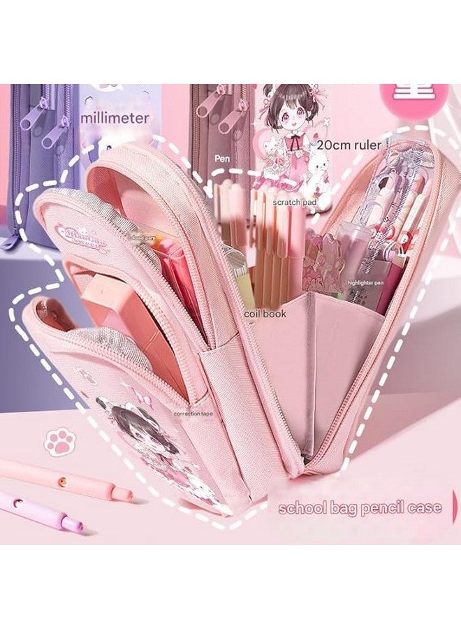 تيمسون حافظة أقلام تيمسون كبيرة السعة - حافظة أقلام قائمة بثلاثة أقسام، حقيبة تنظيم أدوات مكتبية متعددة الوظائف بتصميم كرتوني لطيف للمكتب والجامعة والمدرسة (CK161) (بنات - وردي) - Image 4