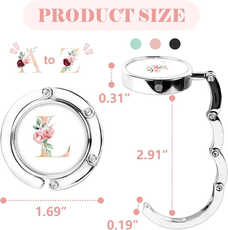 Iqimott 3pcs Personalized Initial Foldable Purse Hook for Table, Flower Letter Folding Handbag Hanger Portable Magnet Table Hook Holder, Collection Desk Purse Hooks for Women Bag (Pink-L) - Image 2