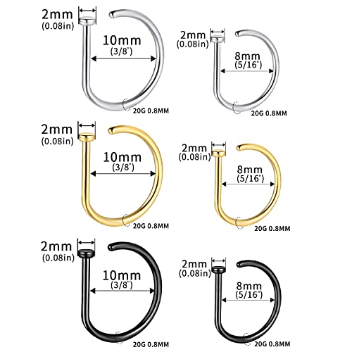 VOJO G23 Titanium 20G Nose Rings Hoops L Shaped Screw Nose Studs Diamond Small Piercing Jewelry for Women Men (D Nose Hoop Silver Gold Black,20G 8mm+10mm) - Image 5