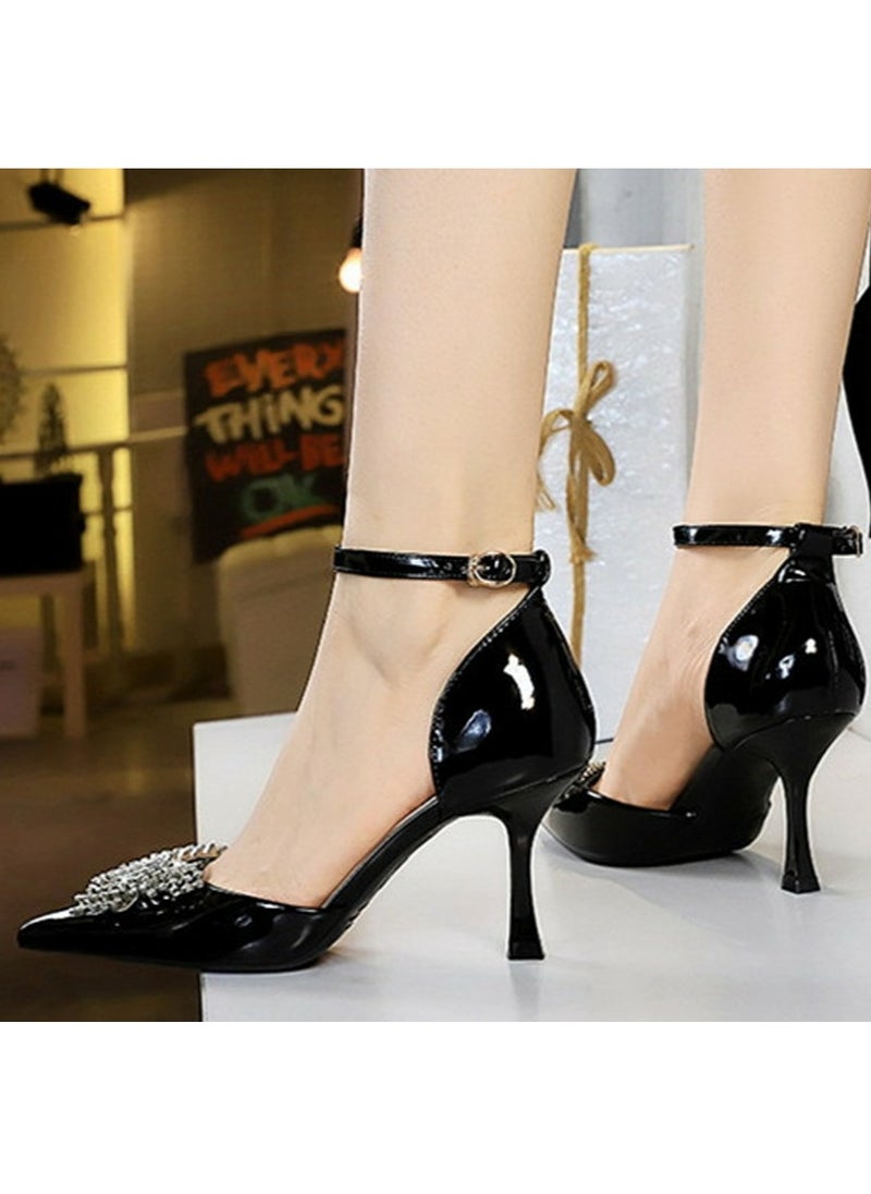 BIGTREE Women's Patent Leather Closed Pointed Toe Stiletto Pump Rhinestone Bowknot Decoration High Heels Black 8CM  - Image 4