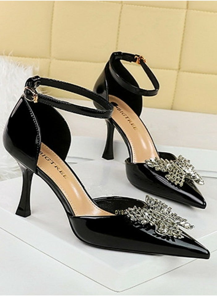 BIGTREE Women's Patent Leather Closed Pointed Toe Stiletto Pump Rhinestone Bowknot Decoration High Heels Black 8CM  - Image 1