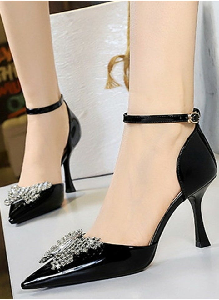 BIGTREE Women's Patent Leather Closed Pointed Toe Stiletto Pump Rhinestone Bowknot Decoration High Heels Black 8CM  - Image 3