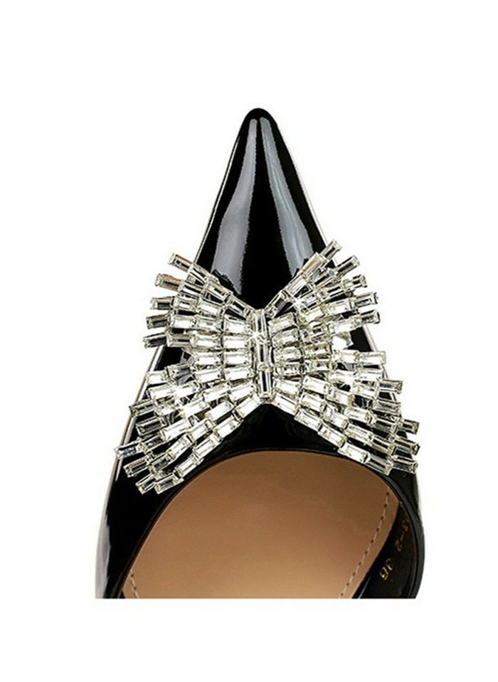 BIGTREE Women's Patent Leather Closed Pointed Toe Stiletto Pump Rhinestone Bowknot Decoration High Heels Black 8CM  - Image 5