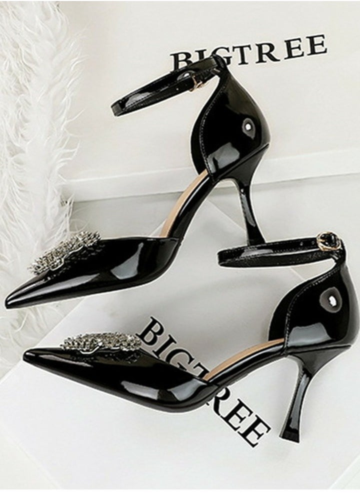 BIGTREE Women's Patent Leather Closed Pointed Toe Stiletto Pump Rhinestone Bowknot Decoration High Heels Black 8CM  - Image 2