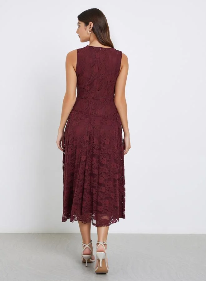 Styli burgundy Burgundy Lace Sleeveless Midi Dress for Women | Best Price UAE