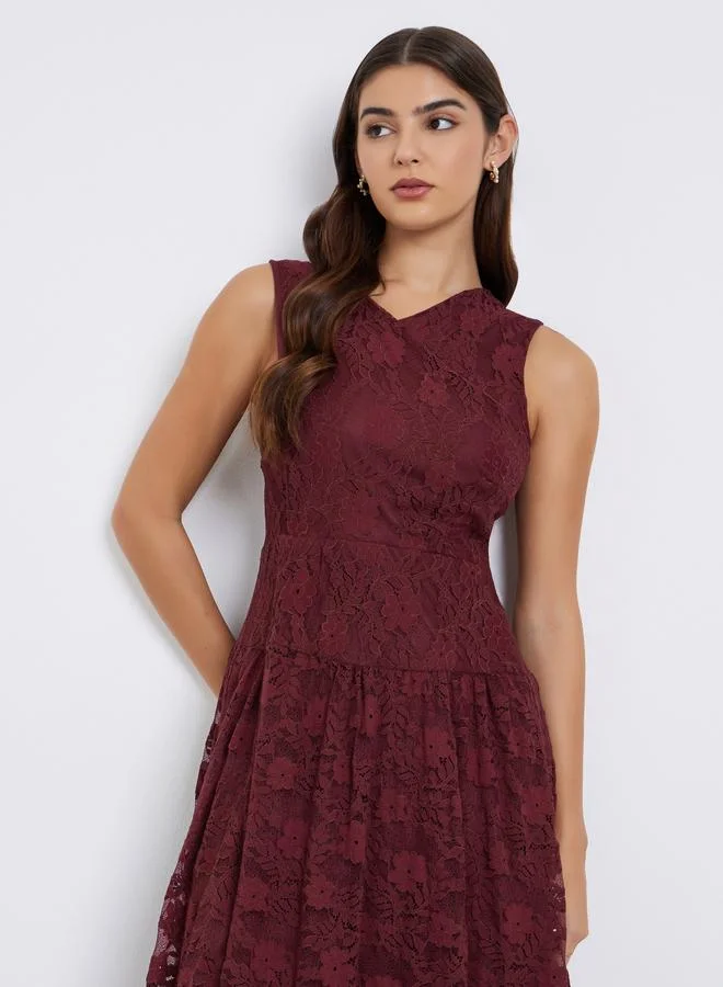 Styli Styli Burgundy Lace Sleeveless Midi Dress
