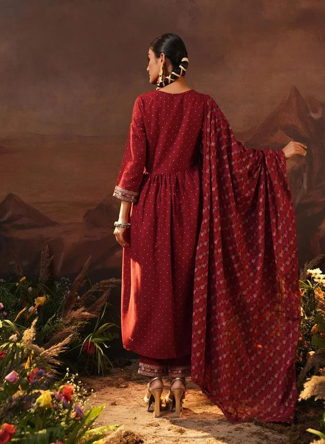 آي شين Women's Maroon Rayon Embellished Tunic Upper Calf Length Palazzo Bottom Straight Fit 3 Peice Kurta Set