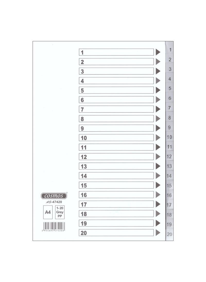 COSMOS COSMOS PVC INDEX 1-20 GRAY COLOUR TABS WITH NO. 1x10PCS 