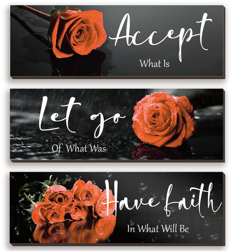 3 Pcs Orange Bathroom Decor Inspirational Orange Wall Decor Wooden Orange Rose Farmhouse Wall Art With Accept Let Go Have Faith Quotes For Girl Women Bedroom Office Living Room(yellow 12 X 4 Inch)