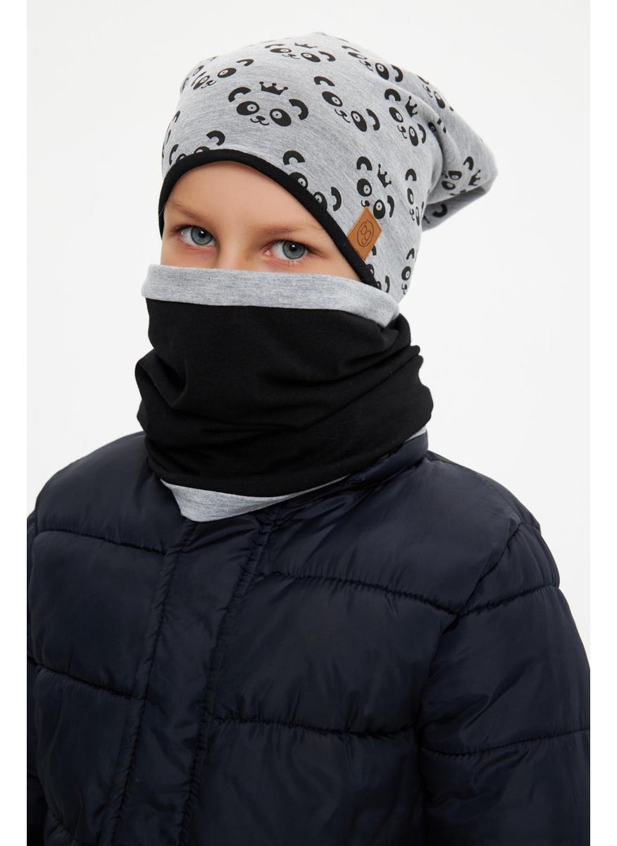 Babygiz - Gri Erkek Çocuk Panda Desenli Bere Boyunluk Set Yumuşak Çift Katlı %100 Doğal Pamuklu Penye - Image 1