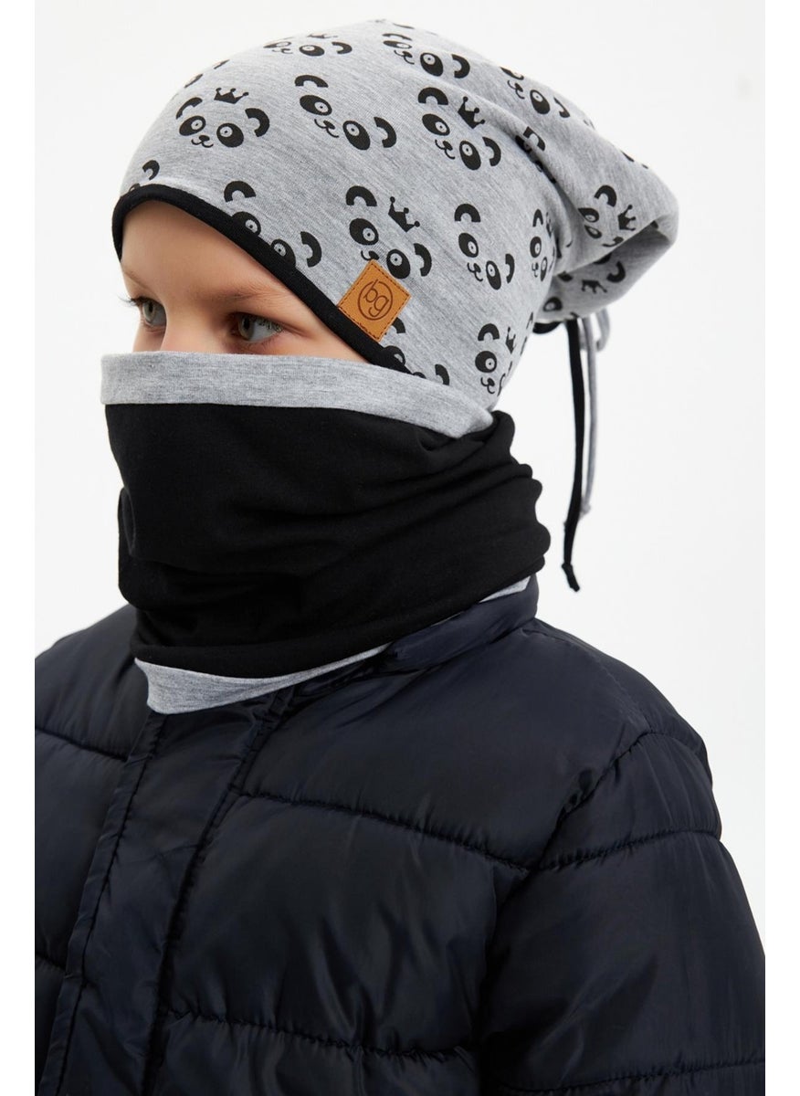 Babygiz - Gri Erkek Çocuk Panda Desenli Bere Boyunluk Set Yumuşak Çift Katlı %100 Doğal Pamuklu Penye - Image 1