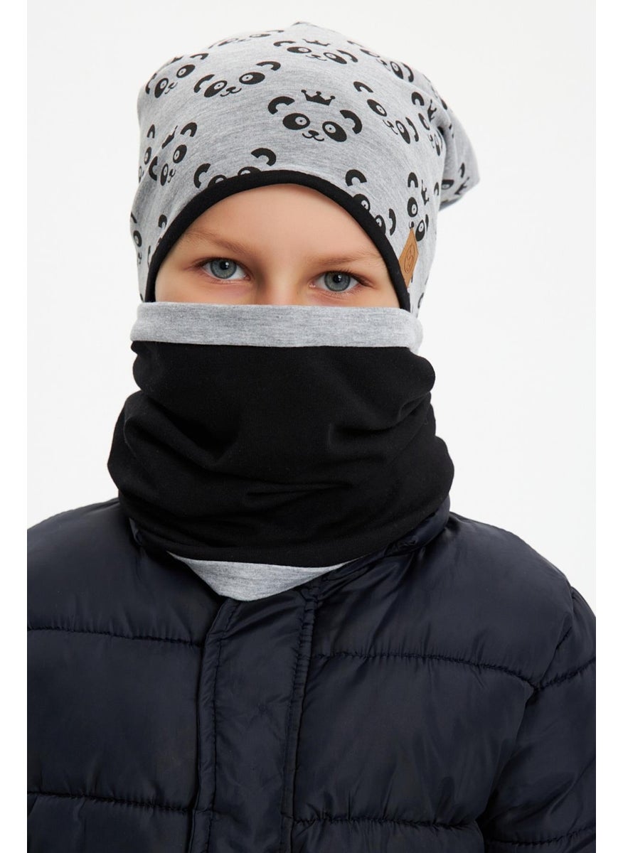 Babygiz - Gri Erkek Çocuk Panda Desenli Bere Boyunluk Set Yumuşak Çift Katlı %100 Doğal Pamuklu Penye - Image 1
