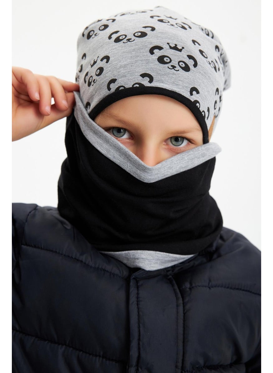 Babygiz - Gri Erkek Çocuk Panda Desenli Bere Boyunluk Set Yumuşak Çift Katlı %100 Doğal Pamuklu Penye - Image 1