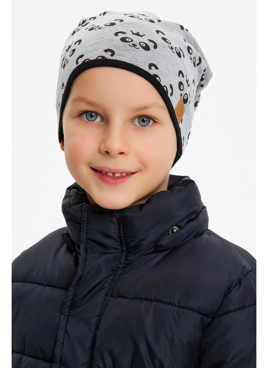 Babygiz - Gri Erkek Çocuk Panda Desenli Bere Boyunluk Set Yumuşak Çift Katlı %100 Doğal Pamuklu Penye - Image 1