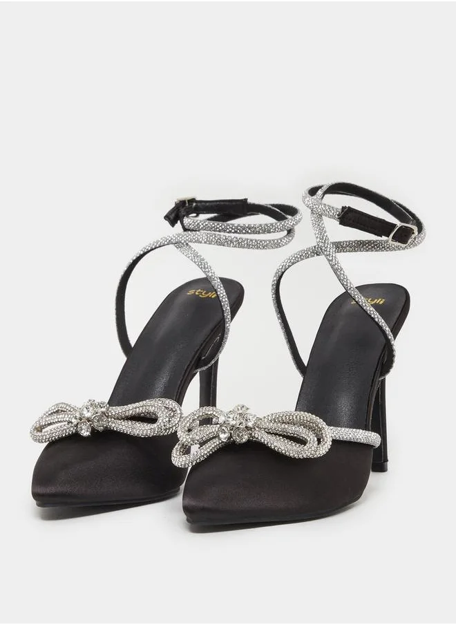 ستايلي Embellished Ankle Strap Bow Accent Shoes