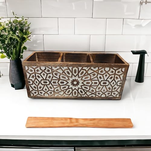 CRAFTYKART Rustic Wooden Spoon Holder Cutlery Stand in Mandala Design- Spoon Stand Wood Organizor- Kitchen Tools and Dining table Organizor (Mandala design) - Image 1