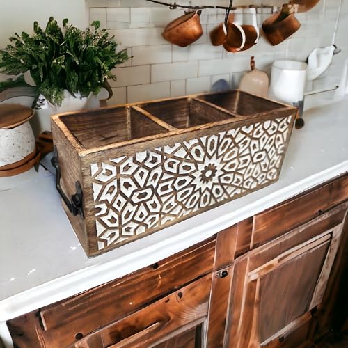 CRAFTYKART Rustic Wooden Spoon Holder Cutlery Stand in Mandala Design- Spoon Stand Wood Organizor- Kitchen Tools and Dining table Organizor (Mandala design) - Image 2