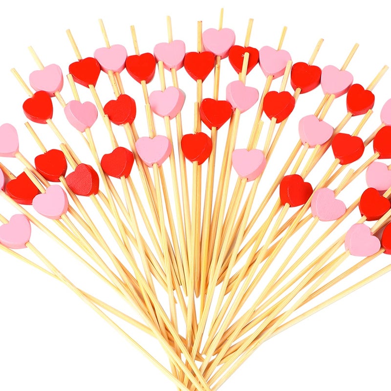 FOIMAS 200pcs Heart Cocktail PicksRed Pink Heart Shaped Bamboo Toothpicks for Appetizers Fruit Food Cake Valentines Day Party Wedding Decoration