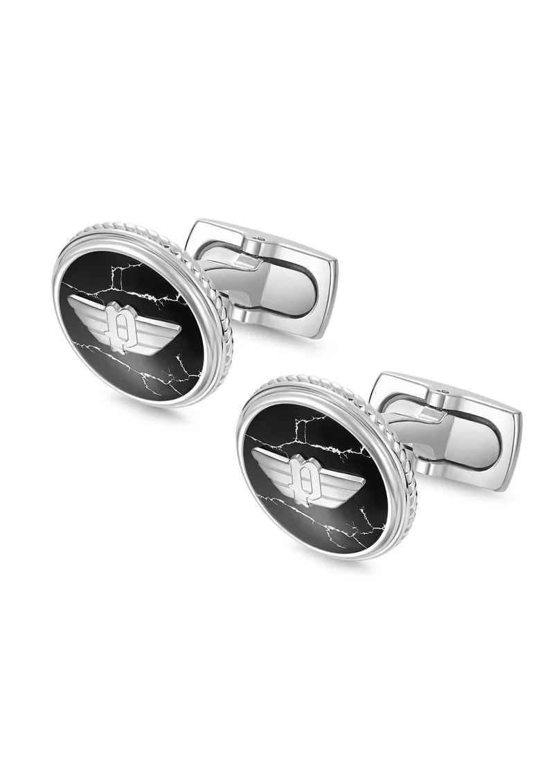 بوليس Treasure Stainless Steel Black Marble Cufflinks for Men with Wings Logo