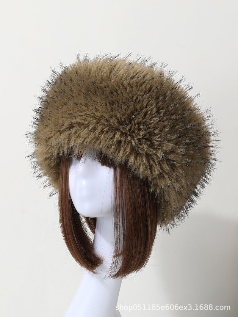 2024 New Arrival Autumn/Winter Faux Fur Plush Thickened Top Hat Travel Warm Hat Ring Fox Fur Head Breathable Skullies Beanies Khaki  - Image 1