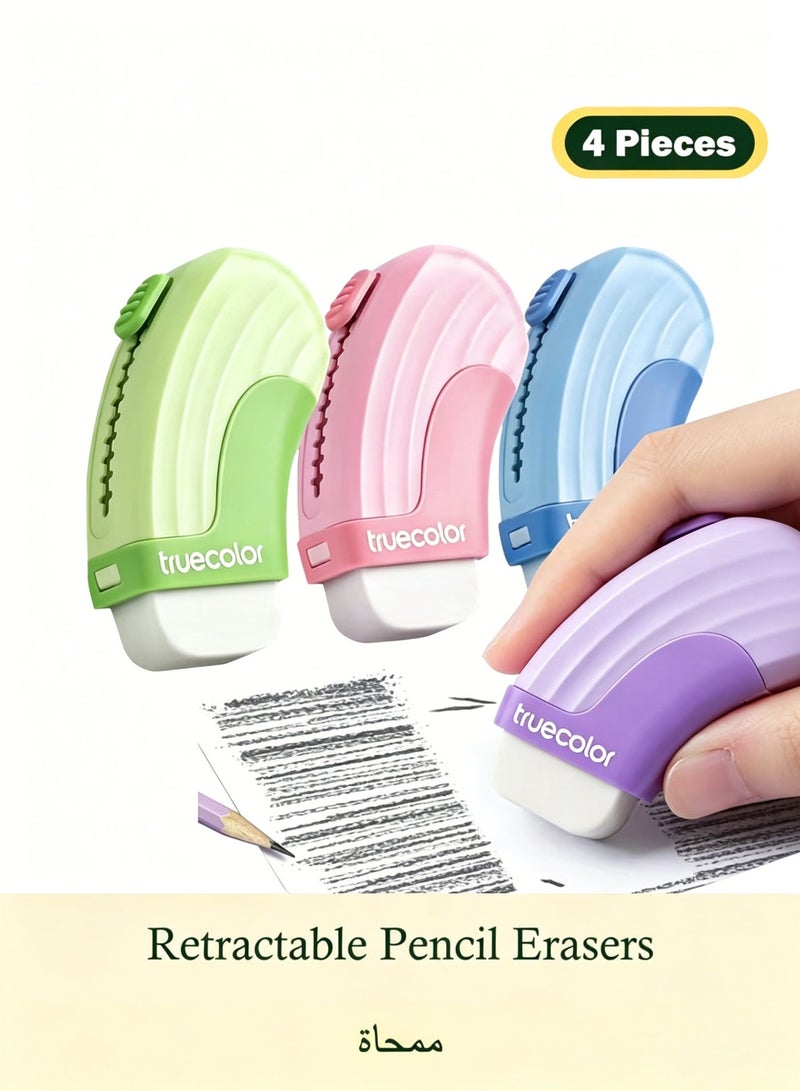 TrueColor 4 Pieces Retractable Erasers, Arc-shaped Design Erasers, Pencil Erasers , Push-Pull Rubber Eraser for Kids Boys Girls Students , School Office Supply Stationery - Image 1