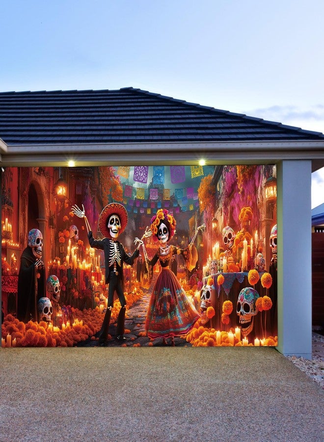 Mindsoft 7 x 16 ft Halloween Day of The Dead Backdrop Garage Door Banner Dia De Los Muertos Decorations Mexican Fiesta Sugar Skull Door Banner for Photography Background Holiday Party Decorations - Image 4