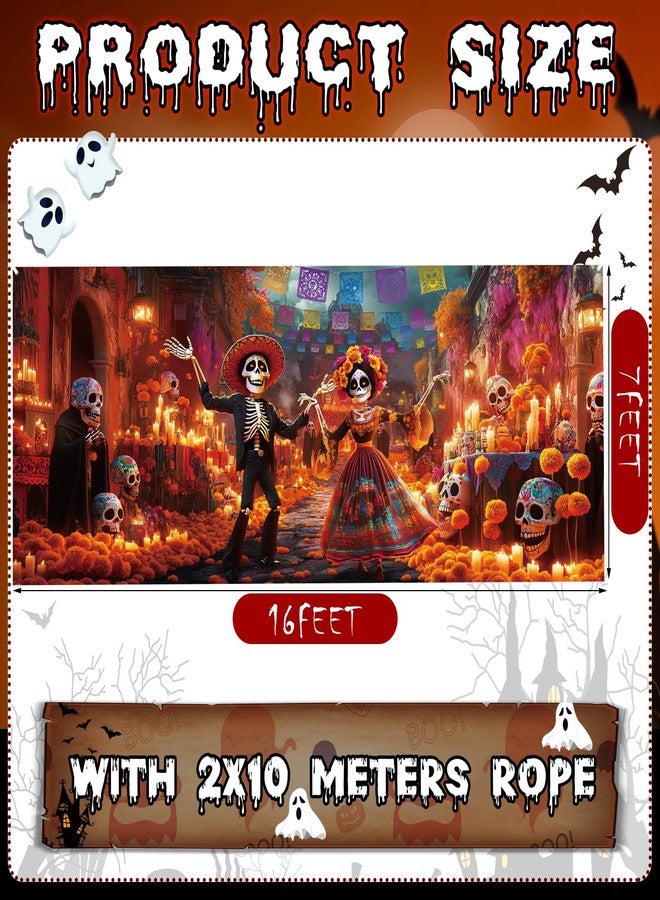 Mindsoft 7 x 16 ft Halloween Day of The Dead Backdrop Garage Door Banner Dia De Los Muertos Decorations Mexican Fiesta Sugar Skull Door Banner for Photography Background Holiday Party Decorations - Image 2