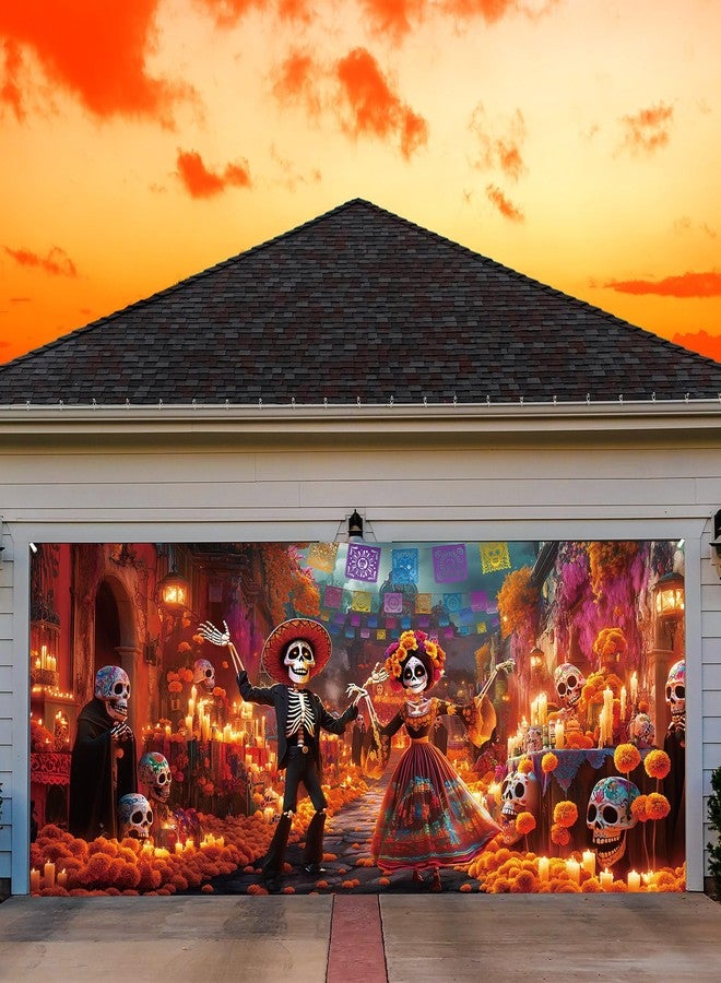 Mindsoft 7 x 16 ft Halloween Day of The Dead Backdrop Garage Door Banner Dia De Los Muertos Decorations Mexican Fiesta Sugar Skull Door Banner for Photography Background Holiday Party Decorations - Image 1