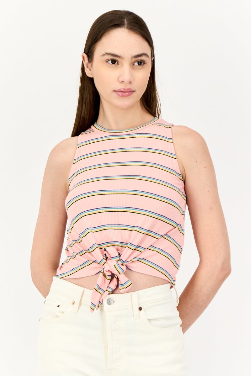 ONLY Women Crew Neck Sleeveless Stripe Print Tank Top, Multicolor  - Image 1
