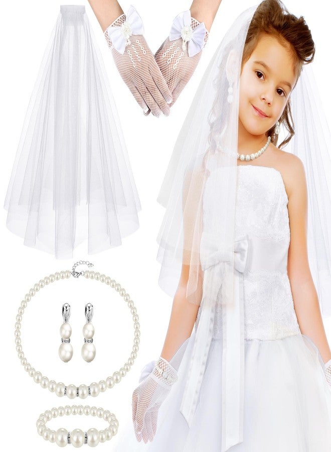 Bencailor 5pcs Halloween Costume Accessories Set for Girls Lace Gloves with Hair Comb Pearl Necklace Bracelet Earrings(Milk White Pearl,Classic) - Image 1