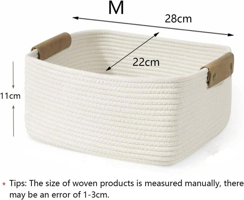 أيهي آرون سلة تخزين، سلال تخزين لتنظيم الرفوف، سلال حبل قطني للتخزين، سلة منسوجة بمقابض، سلال مناشف للحمام (أبيض، M) - Image 2
