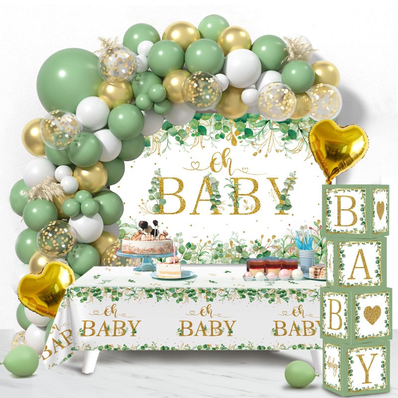 Netnology Sage Green Baby Shower Decorations for Boy Girl 106pcs Greenery Balloon Arch Kit, Baby Box,Tablecloth and Backdrop for Boho Woodland Jungle Theme Baby Shower Decor Neutral Party Supplies - Image 1