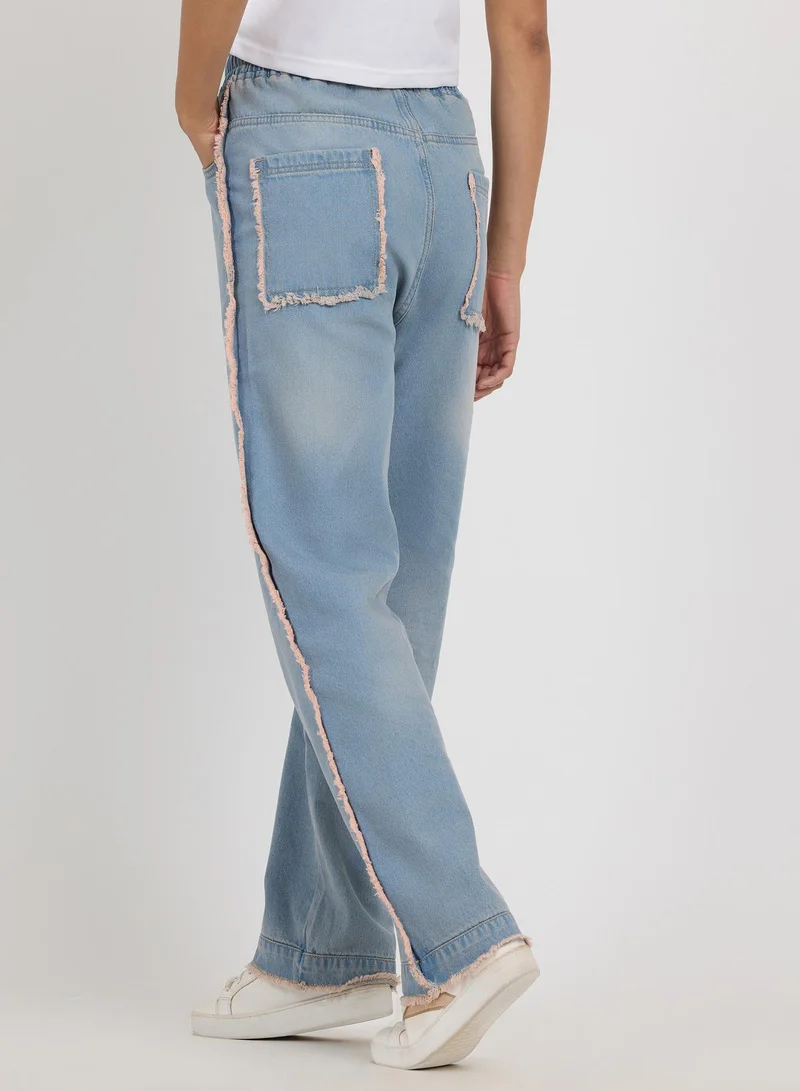 Pinacolada  Women's Light Blue Unhemmed Relaxed Denim Jeans For Casual Wear | Relaxed Fit | Light-Wash | Drawstring Closure | Jeans Crafted With Comfort Wear For Everyday Wear for Women | Best Price UAE
