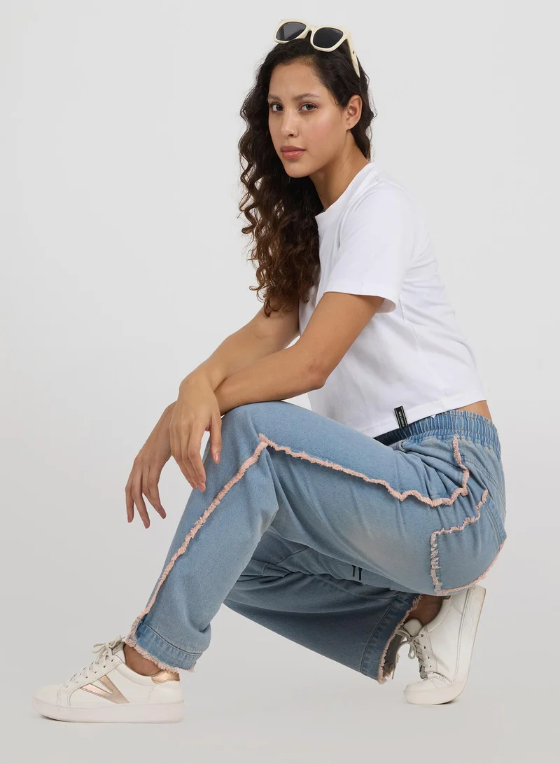 Pinacolada  Women's Light Blue Unhemmed Relaxed Denim Jeans For Casual Wear | Relaxed Fit | Light-Wash | Drawstring Closure | Jeans Crafted With Comfort Wear For Everyday Wear for Women | Best Price UAE