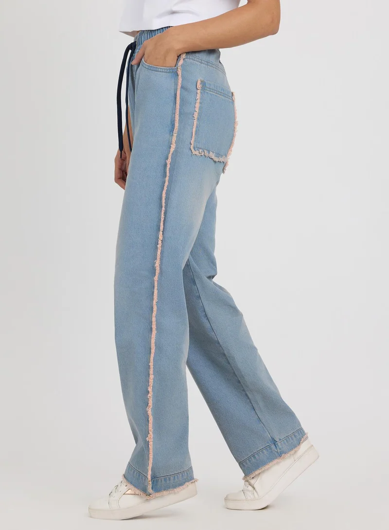 Pinacolada  Women's Light Blue Unhemmed Relaxed Denim Jeans For Casual Wear | Relaxed Fit | Light-Wash | Drawstring Closure | Jeans Crafted With Comfort Wear For Everyday Wear for Women | Best Price UAE