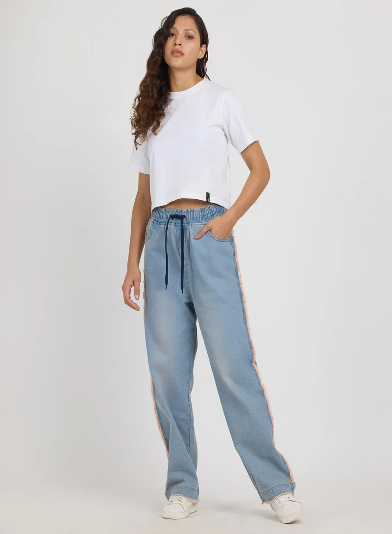 Pinacolada  Women's Light Blue Unhemmed Relaxed Denim Jeans For Casual Wear | Relaxed Fit | Light-Wash | Drawstring Closure | Jeans Crafted With Comfort Wear For Everyday Wear for Women | Best Price UAE