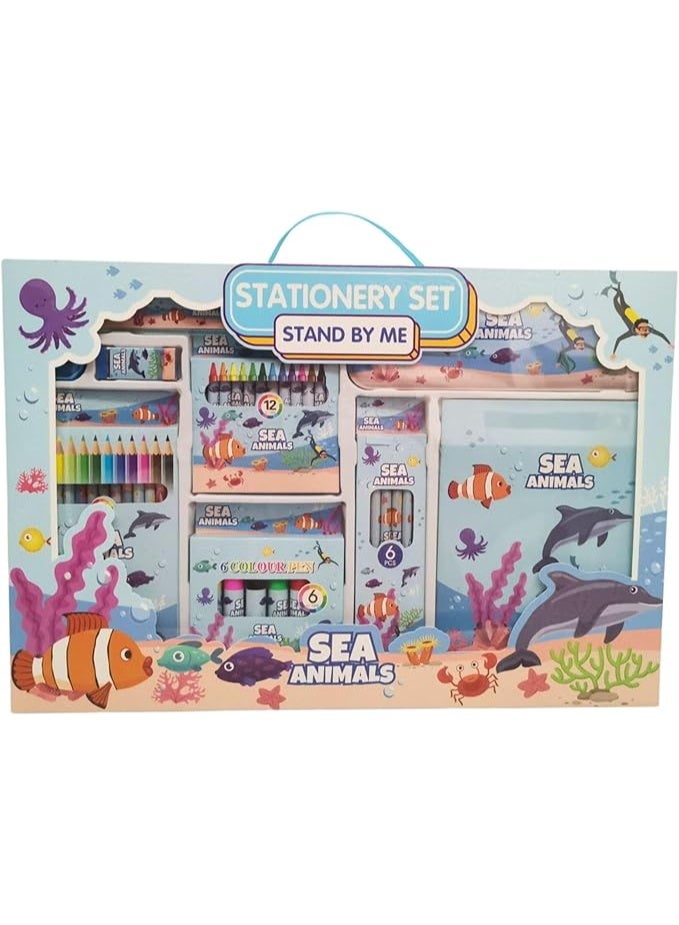 Generic Home Smart Dinosaur Stationery set 35Pcs with Notebook Pencil box Ruler Sharpener Eraser Color pencils Color pens and Crayons perfect for gift  - Image 1